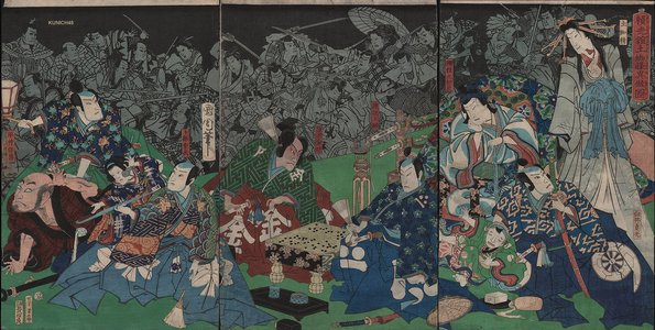 Toyohara Kunichika: Group of actors, two playing go game - Asian Collection Internet Auction