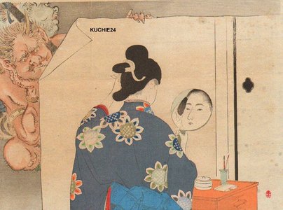 Mizuno Toshikata: Demon watches beauty arranging hair - Asian Collection Internet Auction