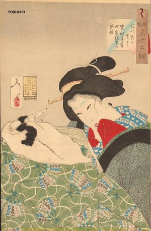 Tsukioka Yoshitoshi: Warm: widow of Kansei Era reading with cat - Asian Collection Internet Auction