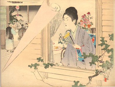 水野年方: BIJIN (beauty) in window - Asian Collection Internet Auction