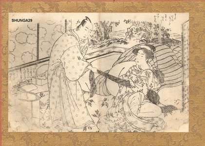 勝川春章: Samurai pulling courtesan obi - Asian Collection Internet Auction