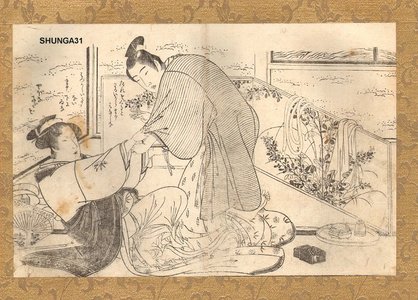 Katsukawa Shunsho: Middle aged woman suducing young man - Asian Collection Internet Auction
