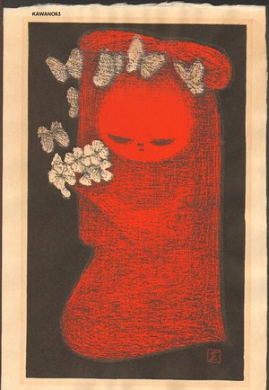 Kawano Kaoru: Girl with butterflies and flowers - Asian Collection Internet Auction