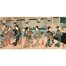 Estampe japonaise "Beauties, three panels of pentaptych" par Utagawa Kunisada, 歌川国貞 (Kunisada)