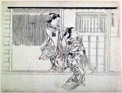 Japanese Print "Pulling out the Comb Rashomon (Sashi-gushi Rashomon)" by Okumura Masanobu, 奥村政信 (Okumura Masanobu 奥村 政信)