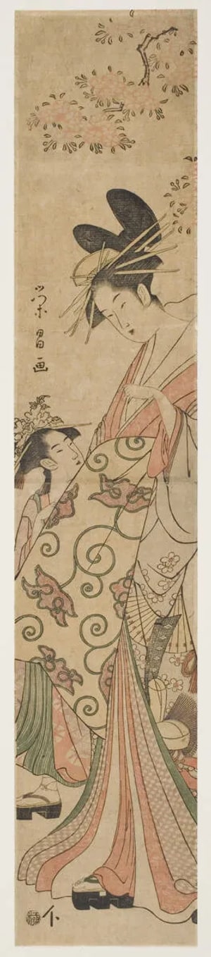 Chokosai Eisho, 鳥高斎栄昌 (Hosoda Eisho)による浮世絵「A Courtesan and her Girl Attendant during the Cherry Blossom Season」