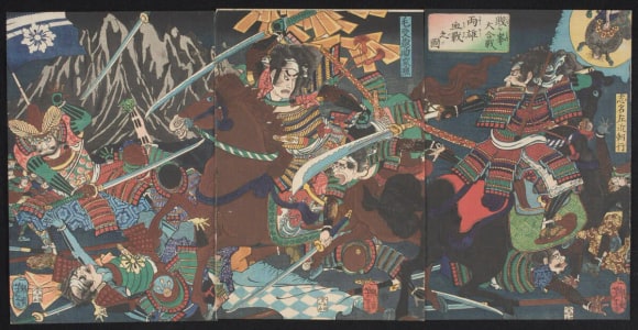 Japanese Print "View of the Great Battle of Shizugatake - A Bloody struggle Between Two Great Rivals" by Tsukioka Yoshitoshi, 月岡芳年 (Tsukioka Yoshitoshi 月岡 芳年)