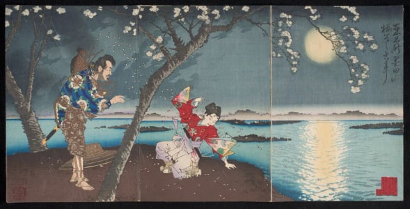 Japanese Print "Famous Places in the East: The Ancient story of Umewaka at the Sumida River" by Tsukioka Yoshitoshi, 月岡芳年 (Tsukioka Yoshitoshi 月岡 芳年)