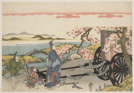 Japanese Print "Courtier and Attendants in Front of Carriage Admiring Cherry Blossoms" by Katsukawa Shunsen, 勝川春扇 (Katsukawa Shunsen 勝川 春扇)