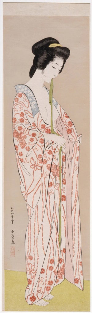 Japanese Print "The Model Tsuru Nakatani Tying the Sash of Her Inner Robe" by Hashiguchi Goyo, 橋口五葉 (Hashiguchi Goyo)