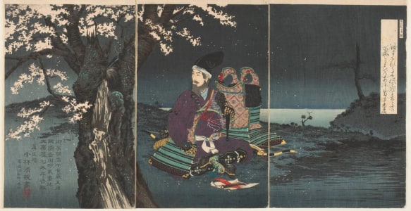 Japanese Print "Taira Tadanori Composing a Poem under a Cherry Tree" by Kobayashi Kiyochika, 小林清親 (Kobayashi Kiyochika 小林 清親)