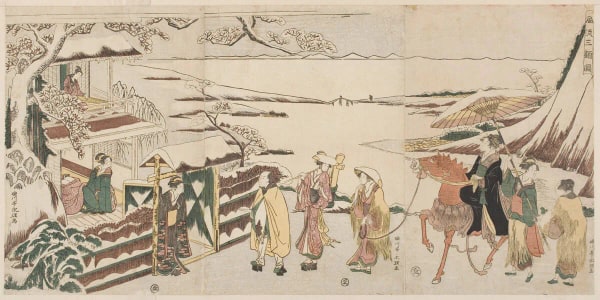 Japanese Print "Fanciful Picture Of The Three Visits" by Rekisentei Eiri