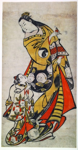 Japanese Print "Courtesan Holding a Finger Puppet and Teasing her Attendant" by Torii Kiyomasu I, 鳥居清倍 (Torii Kiyomasu)