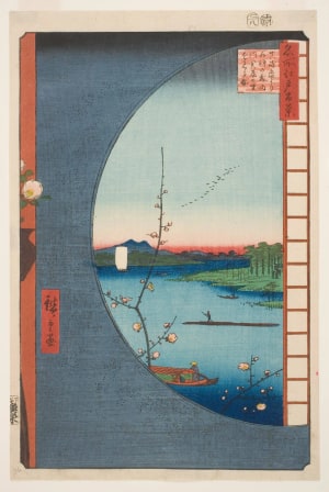 Japanese Print "View from Massaki of Suijin Shrine, Uchigawa Inlet, and Sekiya (Massaki atari yori Suijin no mori Uchigawa Sekiya no sato o miru zu)" by Utagawa Hiroshige, 歌川広重 (Utagawa Hiroshige I 歌川 広重)
