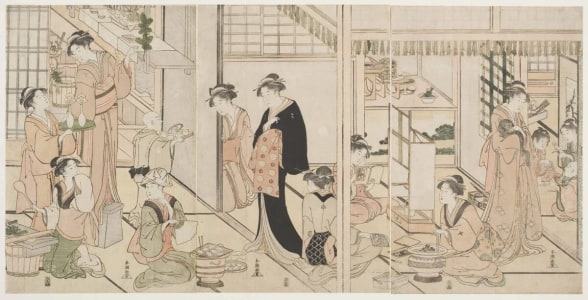 Japanese Print "Preparing for the New Year's Festival" by Katsukawa Shuncho, 勝川春潮 (Katsukawa Shunchō 勝川 春潮)