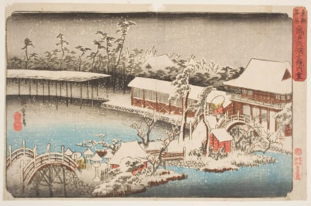 Japanese Print "Snow in the Grounds of the Tenmangu Shrine at Kameido, Edo" by Utagawa Hiroshige, 歌川広重 (Utagawa Hiroshige I 歌川 広重)