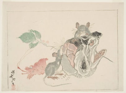 Japanese Print "Two Rats, the Head of a Salted Salmon, a Horseradish and the Head of a Lobster" by Kawanabe Kyosai, 河鍋暁斎 (Kawanabe Kyosai)