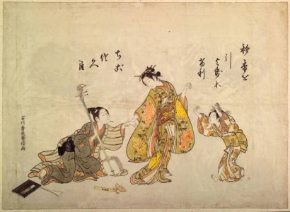 Japanese Print "An Insistent Invitation" by Ishikawa Toyonobu, 石川豊信 (Ishikawa Toyonobu 石川 豊信)