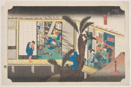 Japanese Print "Akasaka: Travellers Resting and Dining" by Utagawa Hiroshige, 歌川広重 (Utagawa Hiroshige I 歌川 広重)