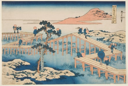 Japanese Print "Old View of the Eight-plank Bridge in Mikawa Province (Mikawa no Yatsuhashi no kozu)" by Katsushika Hokusai, 葛飾北斎 (Katsushika Hokusai 葛飾 北斎)
