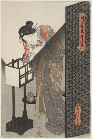 Japanese Print "A Beauty Putting out a Floor Lamp (Tsuki no kage shinobiau yo)" by Utagawa Kunisada, 歌川国貞 (Utagawa Kunisada I 歌川 国貞)