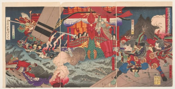 Japanese Print "The Great Battle Between the Genji and the Heike at Yashima" by Tsukioka Yoshitoshi, 月岡芳年 (Tsukioka Yoshitoshi 月岡 芳年)