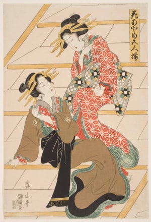 Japanese Print "Two Courtesans Seated on a Staircase" by Kikugawa Eizan, 菊川英山 (Kikukawa Eizan 菊川 英山)