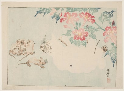 Japanese Print "Two White Cats, Four Rats, And Pink Flowers Of The Oshiroi" by Kawanabe Kyosai, 河鍋暁斎 (Kawanabe Kyosai)