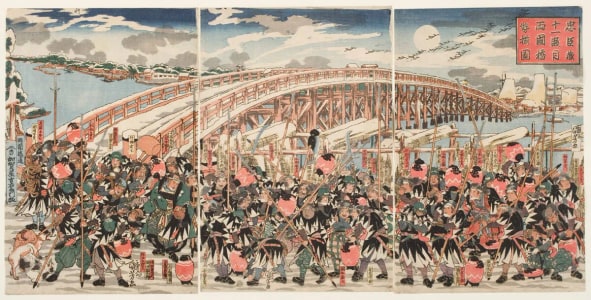 Japanese Print "Eleventh Act of the "Chushingura": The Loyal Retainers Assemble at Ryogoku Bridge" by Utagawa Kuniyoshi, 歌川国芳 (Utagawa Kuniyoshi 歌川 国芳)