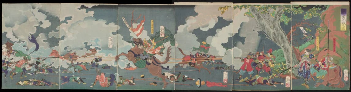 Japanese Print "The Great Battle of Sekigahara (Sekigahara daigassen no zu)" by Tsukioka Yoshitoshi, 月岡芳年 (Tsukioka Yoshitoshi 月岡 芳年)