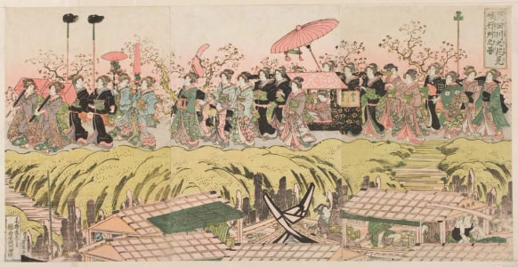 Japanese Print "Picture of a Procession of Young Women Viewing Cherry Trees in Bloom on the Sumida River Embankment" by Keisai Eisen, 渓斉英泉 (Keisai Eisen 渓斉 英泉)