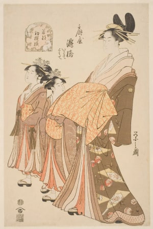 Japanese Print "Young Forms First Patterns of the Year: Takahashi of Ogiya and her Kamuro, Iwate and Komote (Wakana hatsumoyo, Ogiya Takahashi, Iwate, Kumote)" by Hosoda Eishi, 細田栄之 (Hosoda Eishi)