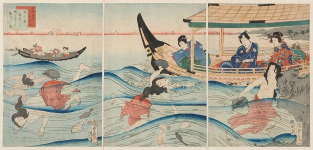 Japanese Print "Women Divers for Shells of the Awabi at Ise" by Utagawa Kunisada, 歌川国貞 (Utagawa Kunisada I 歌川 国貞)