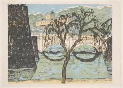 Japanese Print "Bridge to the Imperial Palace (Nijubashi)" by Onchi Koshiro, 恩地孝四郎 (Onchi Koshiro)