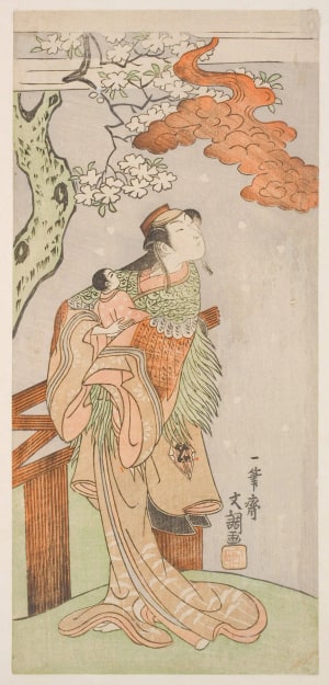 Japanese Print "The Actor Nakamura Matsue in a Female Role Holding an Infant Boy" by Ippitsusai Buncho, 一筆斉文調 (Ippitsusai Buncho)
