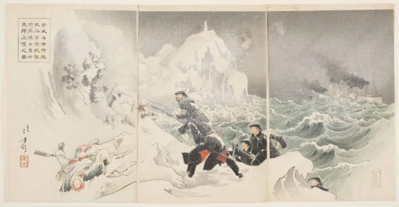 Japanese Print "Seven Brave Marines, an Advance Guard of Our Navy, Land on the Shore near Weihaiwei" by Mizuno Toshikata, 水野年方 (Mizuno Toshikata)