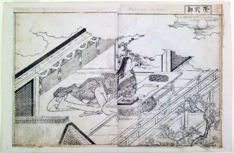 Japanese Print "Murasaki Shikibu-double-page illustration from volume I (sheet 5-6) of the book Ehon Tokiwa-gusa (Picture Book of Evergreens)" by Nishikawa Sukenobu, 西川祐信 (Nishikawa Sukenobu)