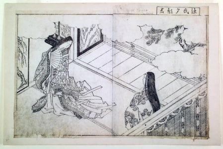 Japanese Print "Yugao from the Genji Monogatari (Genji Yugao no Kimi) )-double-page illustration from volume I (sheet 4-5) of the book Ehon Tokiwa-gusa (Picture Book of Evergreens)" by Nishikawa Sukenobu, 西川祐信 (Nishikawa Sukenobu)