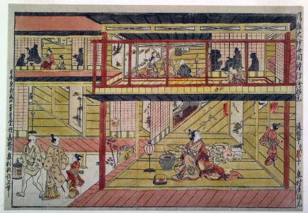 Japanese Print "An Original Perspective Print: The Brazier of Elegance and the Bell of Damnation (Fūga hibachi muken no kane uki-e kongen)" by Okumura Masanobu, 奥村政信 (Okumura Masanobu 奥村 政信)