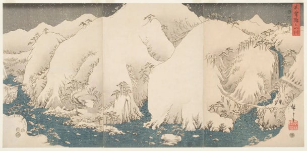 Japanese Print "Mountain River on the Kiso Road (Kisoji no sansen)" by Utagawa Hiroshige, 歌川広重 (Utagawa Hiroshige I 歌川 広重)