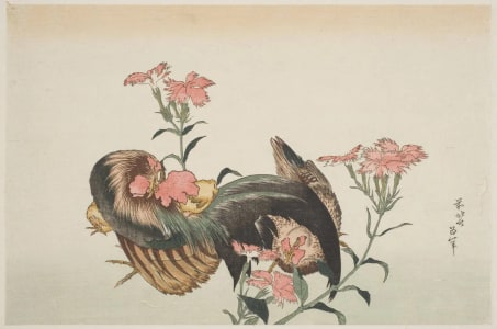 Japanese Print "Fringed Pinks and Domestic Fowl, a Cock, a Hen, and a Chicken (nadeshiko ni niwatori)" by Unknown, 無款