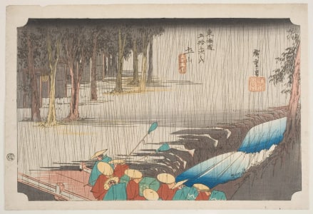 Japanese Print "Tsuchiyama: A Spring Shower" by Utagawa Hiroshige, 歌川広重 (Utagawa Hiroshige I 歌川 広重)