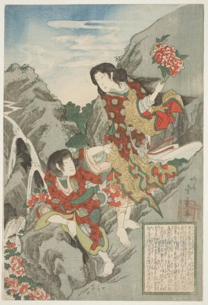 Ryusai Shigeharu创作的日本版画《Nakamura Baika (?) as a supernatural woman and Iwai Shijuke I as Inoue Shinbei Masashi in mitate roles from "The Eight Loyal Dogs of the House off Satomi" Series (Hakkenden)》