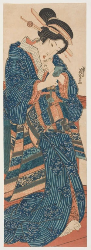 Japanese Print "Geisha Looking at Her Reflection in a Hand Mirror" by Keisai Eisen, 渓斉英泉 (Keisai Eisen 渓斉 英泉)