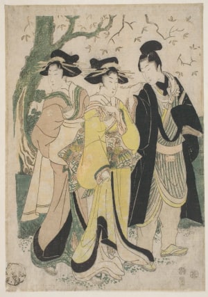 Japanese Print "A Wakashu and Two Young Women under Cherry Trees on a Flower Viewing Excursion" by Kikugawa Eizan, 菊川英山 (Kikukawa Eizan 菊川 英山)