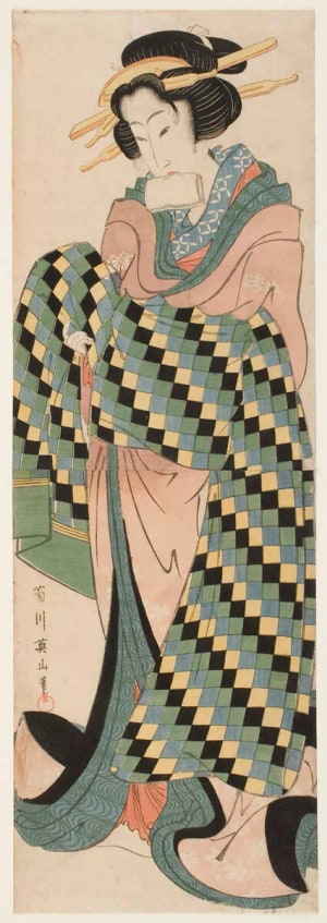 Japanese Print "Geisha Tying her Sash" by Kikugawa Eizan, 菊川英山 (Kikukawa Eizan 菊川 英山)
