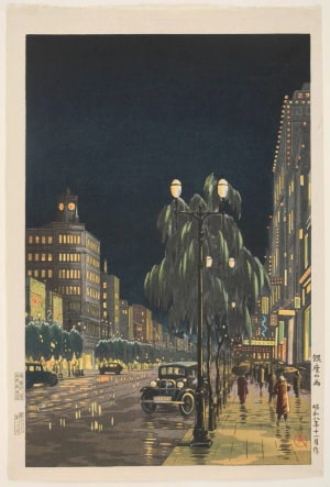Tsuchiya Koitsu, 風光礼讃 (Tsuchiya Koitsu)による浮世絵「Rain in Ginza (Ginza no ame)」