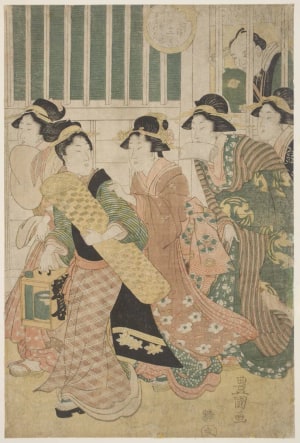 Japanese Print "Picture of the New Walk Past the Dressing Room of a Theater in the 11th Month" by Utagawa Toyokuni I, 歌川豊国 (Utagawa Toyokuni I 歌川 豊国)