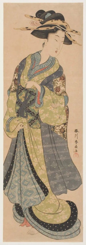 Japanese Print "Geisha Tying her Sash while Holding a Roll of Tissues Between Her Teeth" by Katsukawa Shunsen, 勝川春扇 (Katsukawa Shunsen 勝川 春扇)