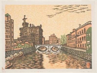 Japanischer Druck "Sukiya Bridge (Sukiyabashi)" von Un'ichi Hiratsuka